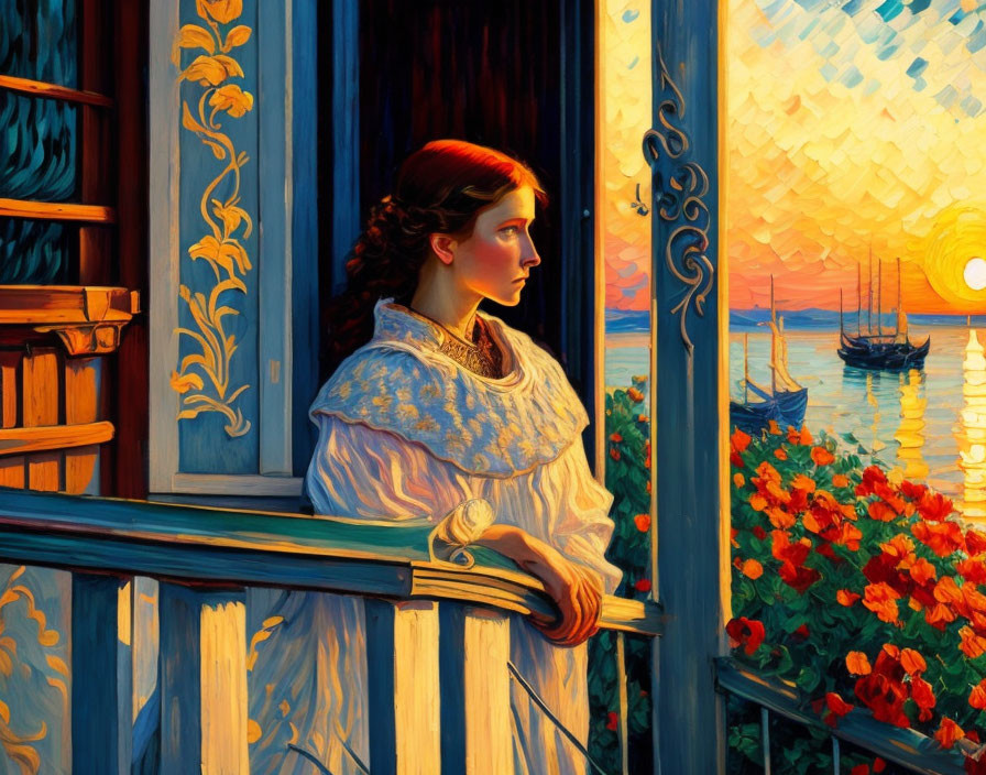 Woman in white dress admires sunset over sea from balcony with flowers and boat in distance