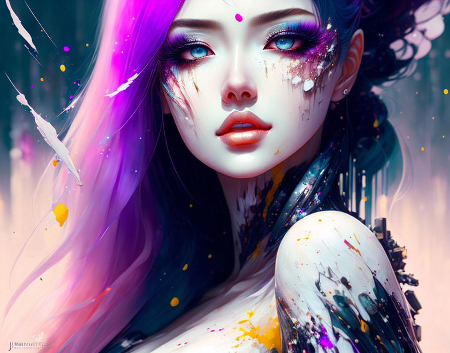 Vibrant digital artwork of a woman with purple hair and blue eyes