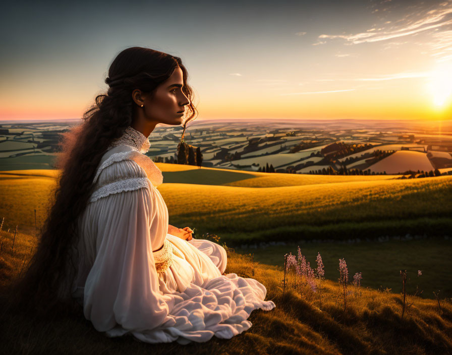 Woman in White Dress on Hill at Sunset with Scenic Landscape