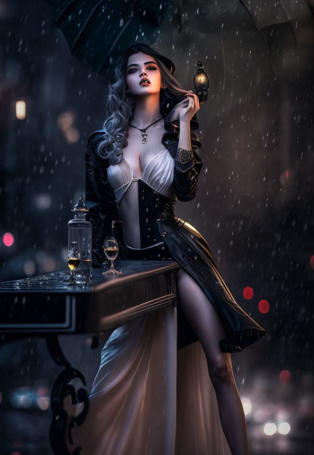 Woman in gothic outfit with umbrella and lantern in rainy city night scene