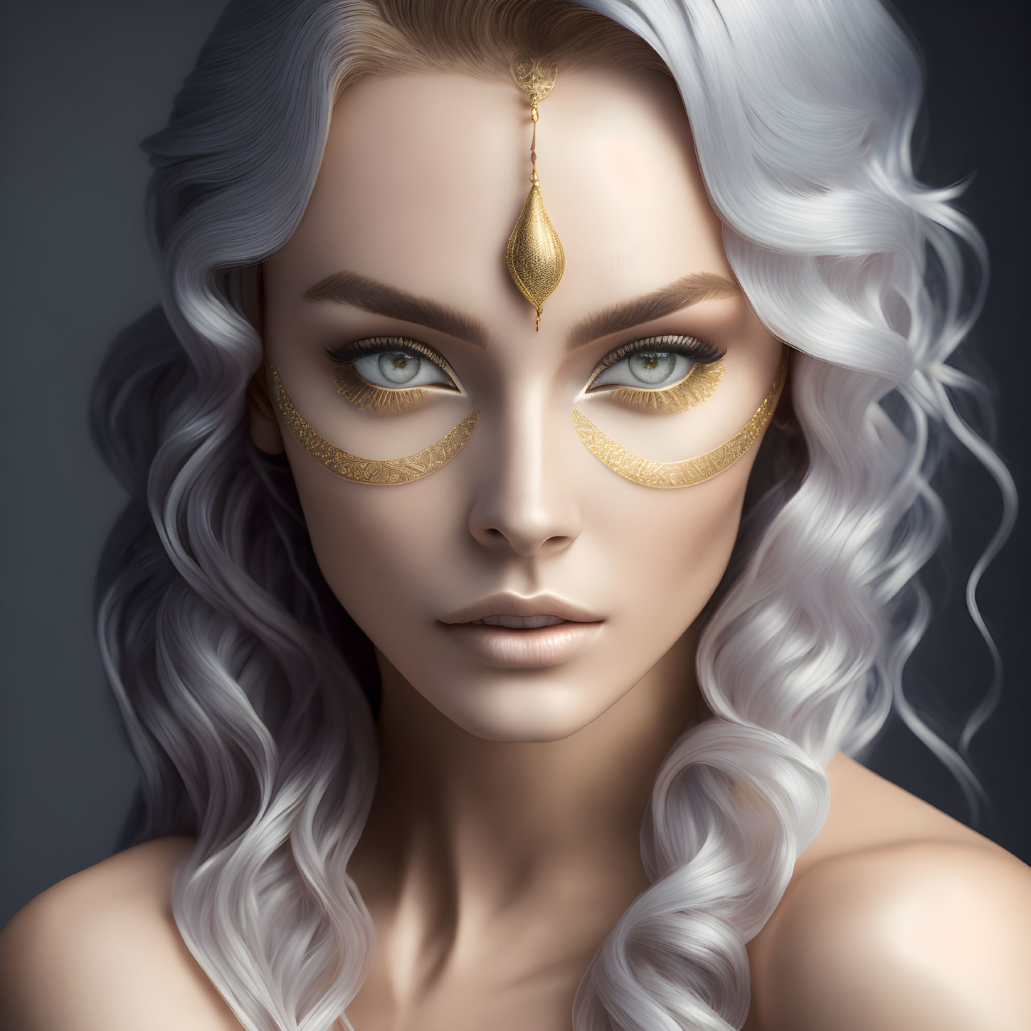 Striking Green Eyes with Gold Makeup and Forehead Jewelry on Grey Background