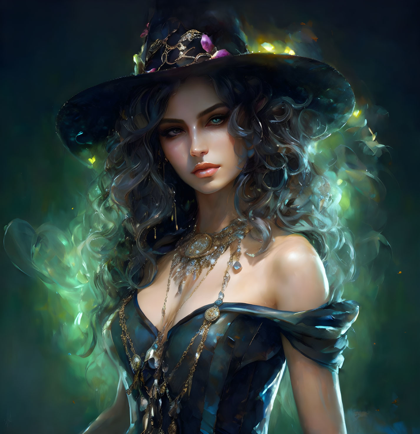 Curly-haired woman in mystical hat surrounded by ethereal lights