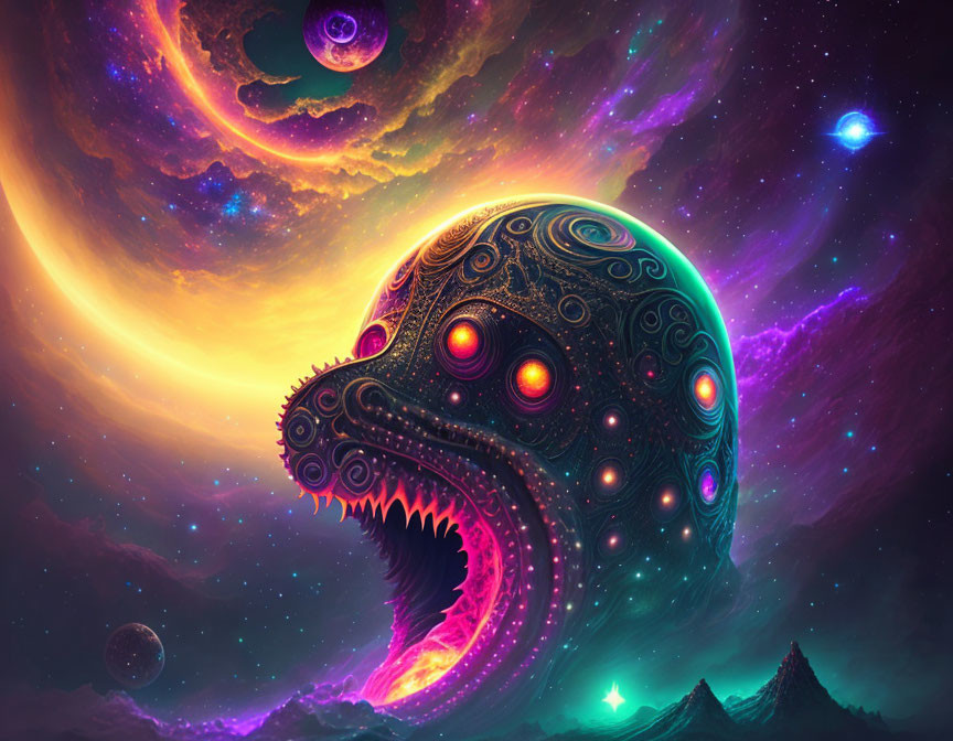 Colorful cosmic serpent head on psychedelic space background