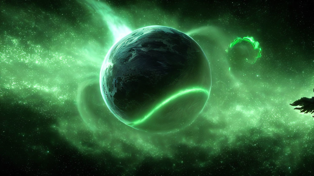 Sci-fi digital artwork of planet, spaceship, green energy, and nebula