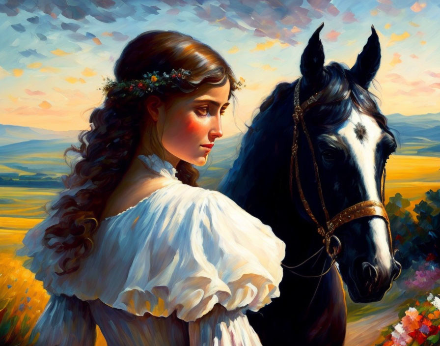 Woman in white dress with floral wreath beside black horse at colorful sunset landscape