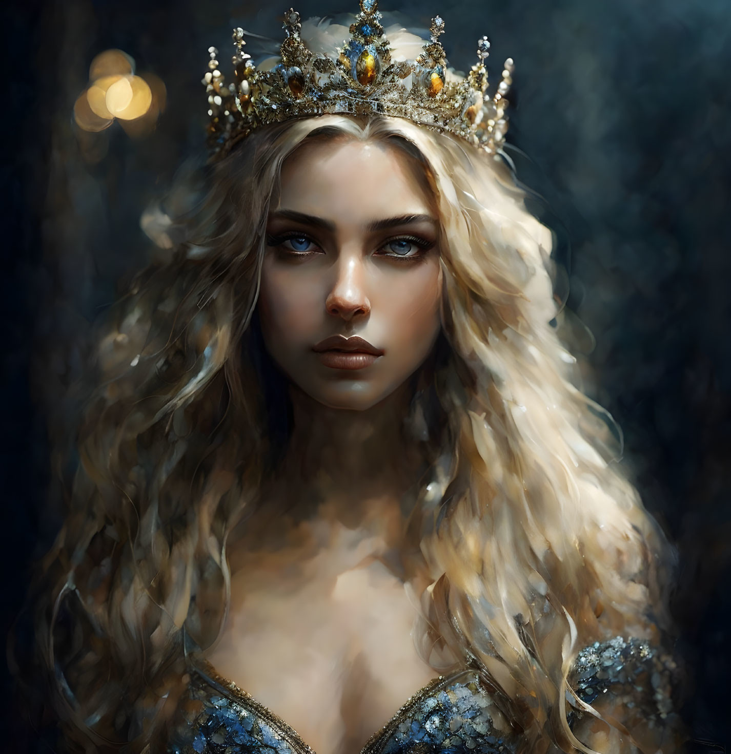 Regal woman portrait with long blond hair and crown in forest setting