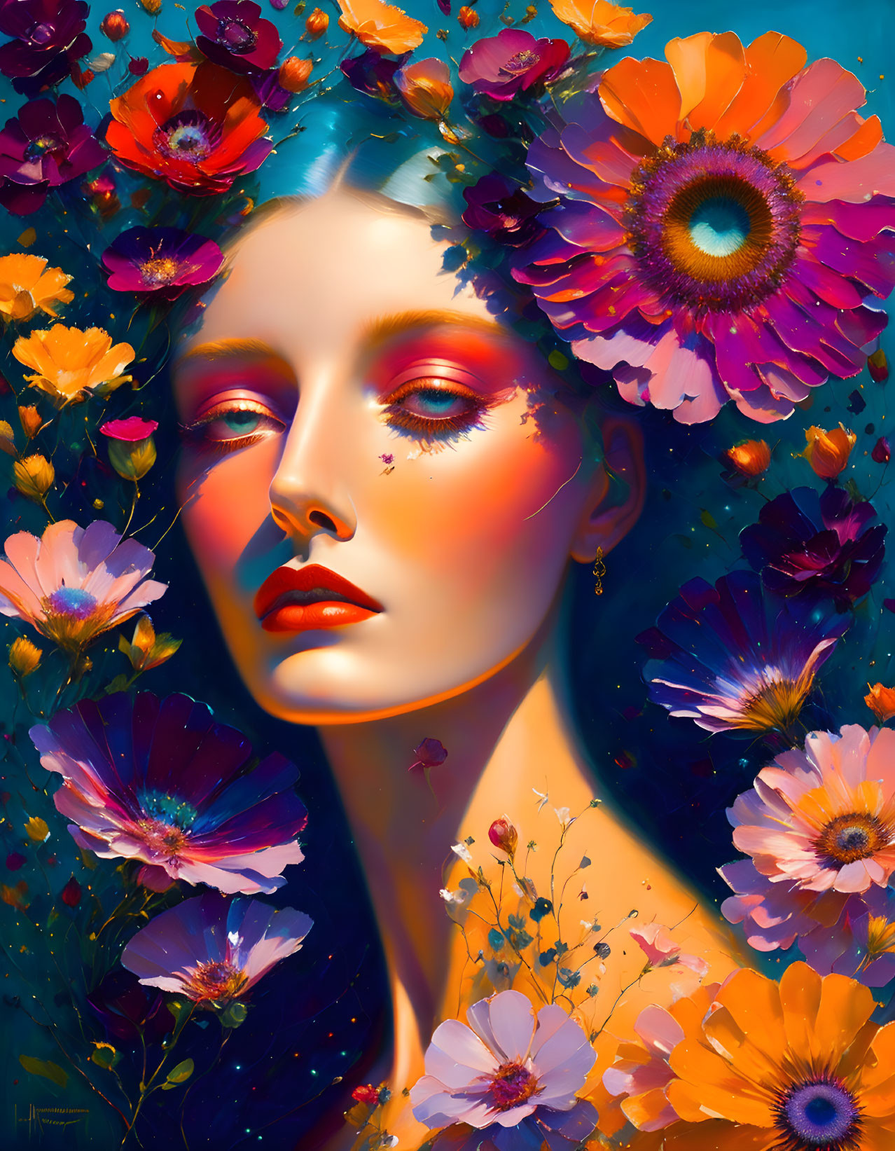 Colorful Woman Portrait with Floral Headdress in Dreamy Style