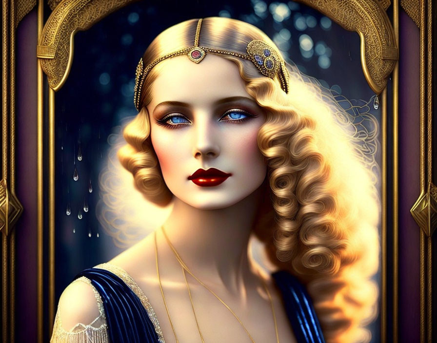 Portrait of woman with blue eyes, golden hair, 1920s makeup & jeweled headpiece