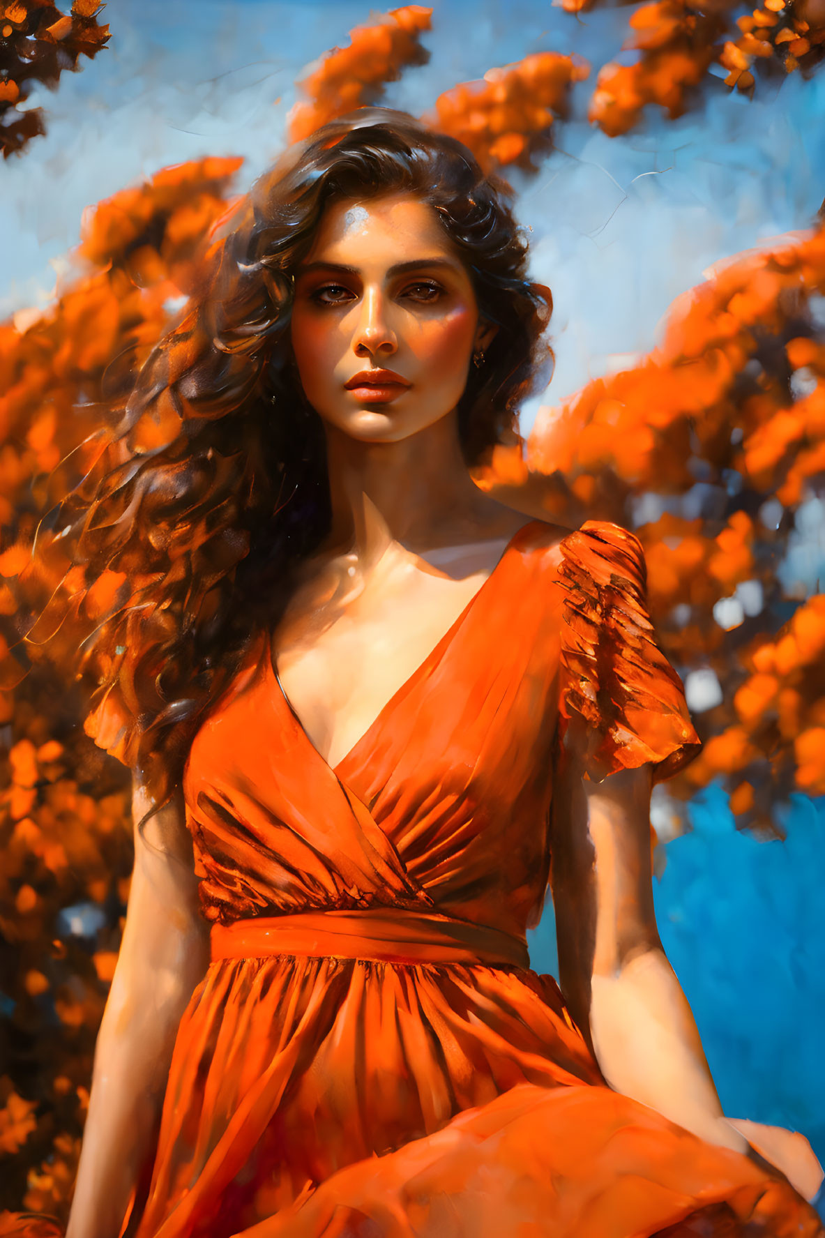 Woman in Orange Dress Surrounded by Autumn Leaves