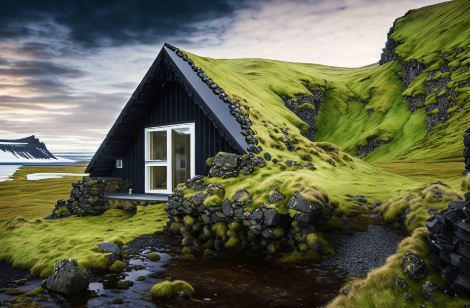 Traditional Black Wooden Cottage with Grass Roof on Mossy Hillside