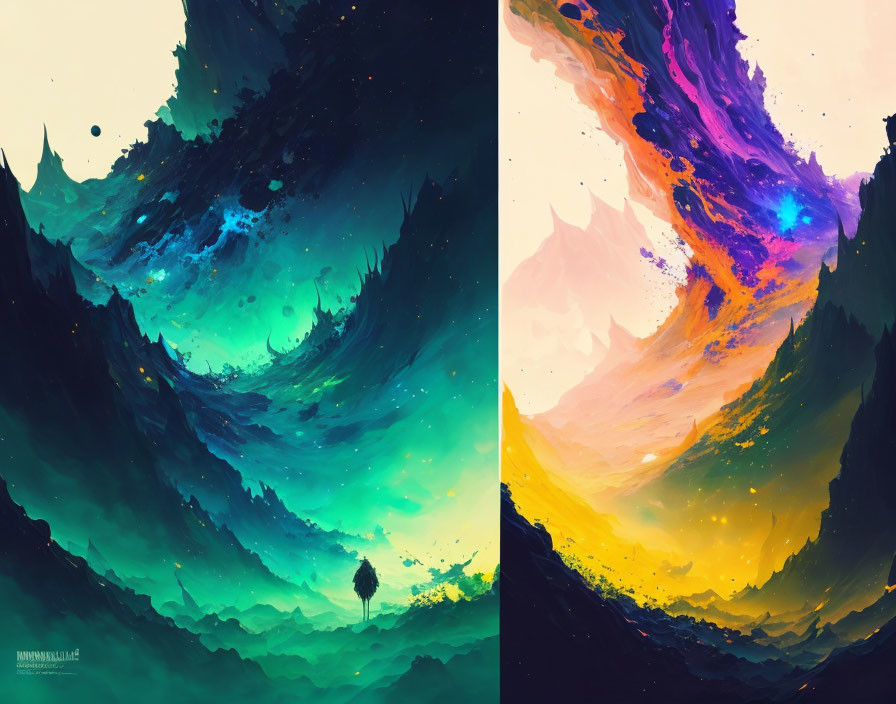 Digital Artwork: Split Panels of Solitary Figure in Cosmic Landscapes