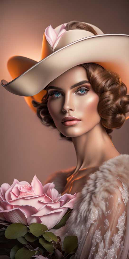 Vintage Makeup and Hat Fashion Portrait Among Pink Roses