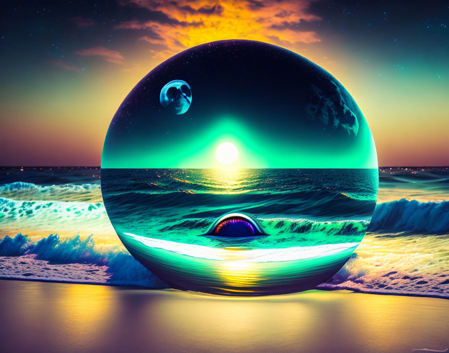 Surreal crystal orb on beach: sunset ocean wave, eye, planets