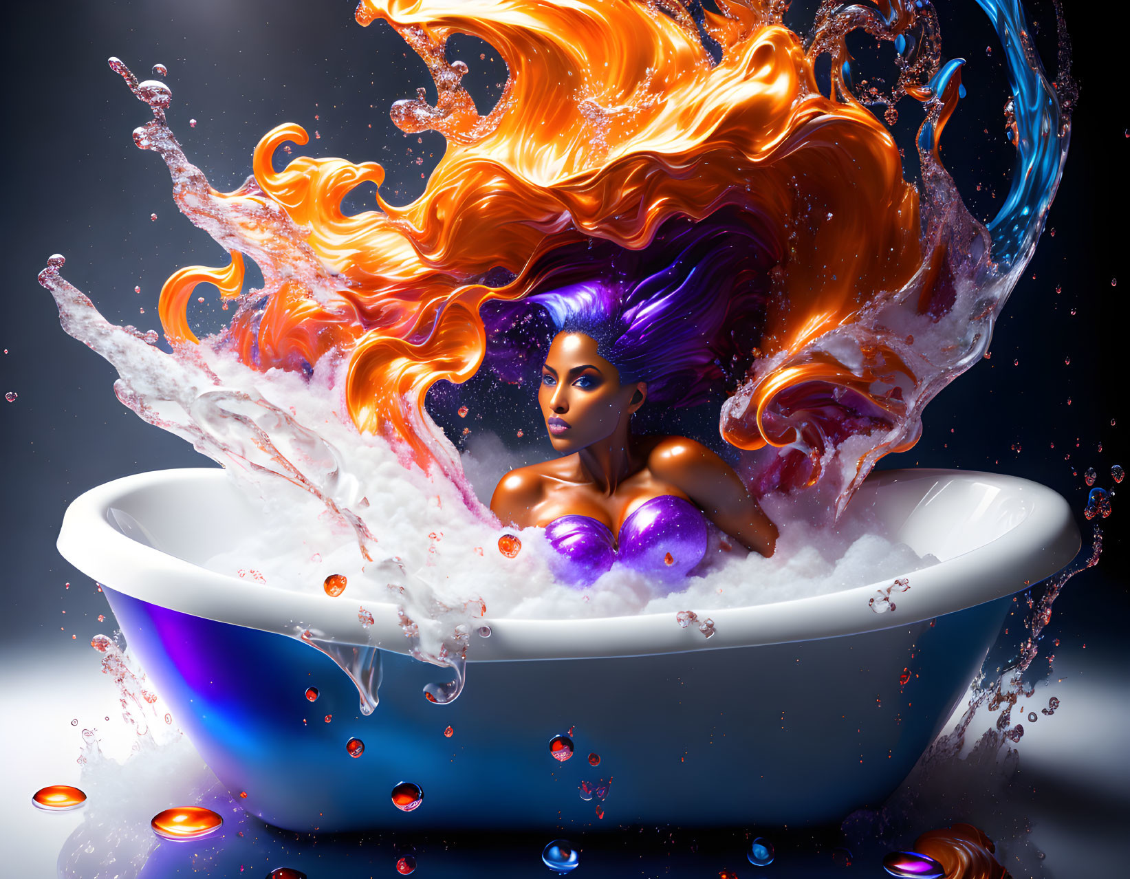 Surreal illustration: Woman in bathtub with fiery orange hair, floating candles, and splashing water