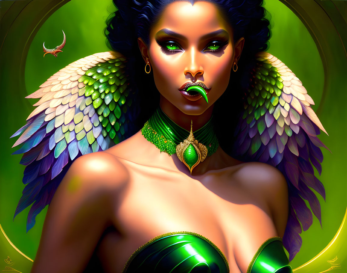 Vibrant digital art portrait of woman with green skin and multicolored wings, adorned with gold