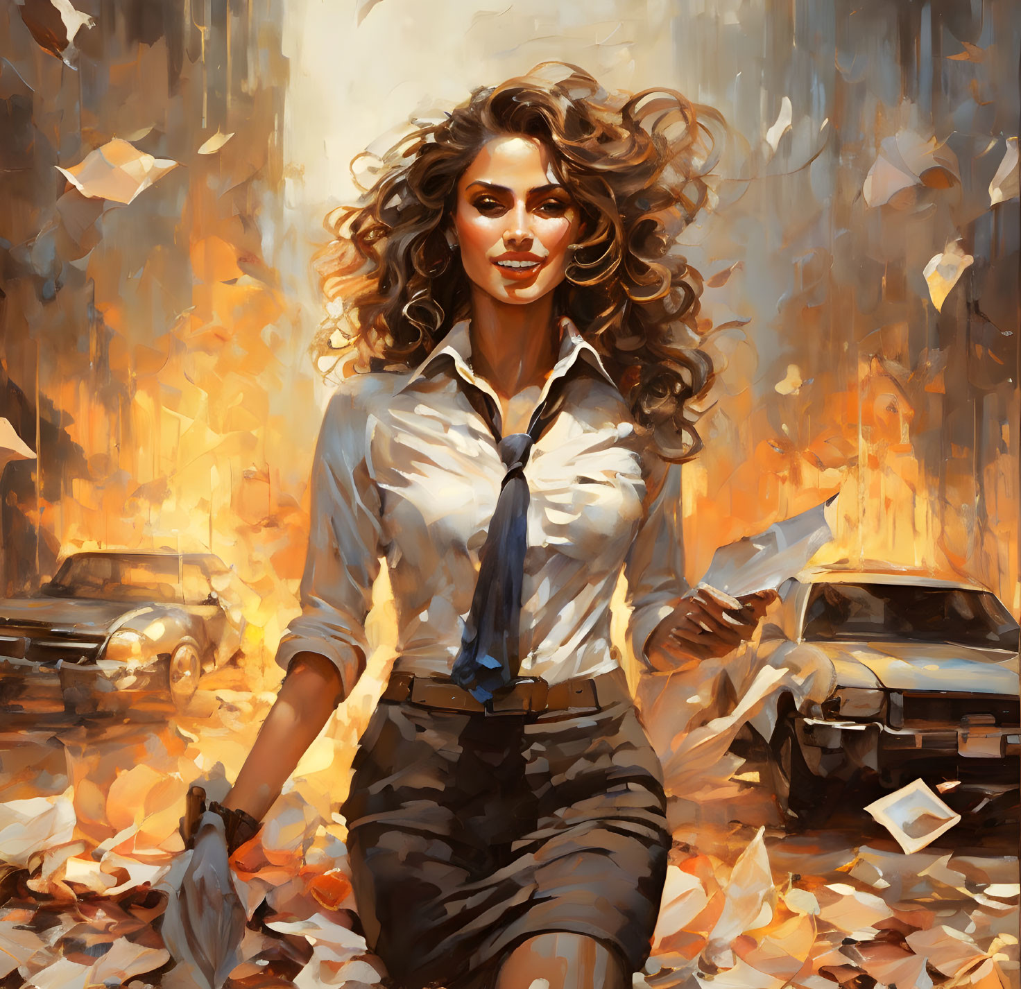 Confident woman in urban setting with flying papers and cars