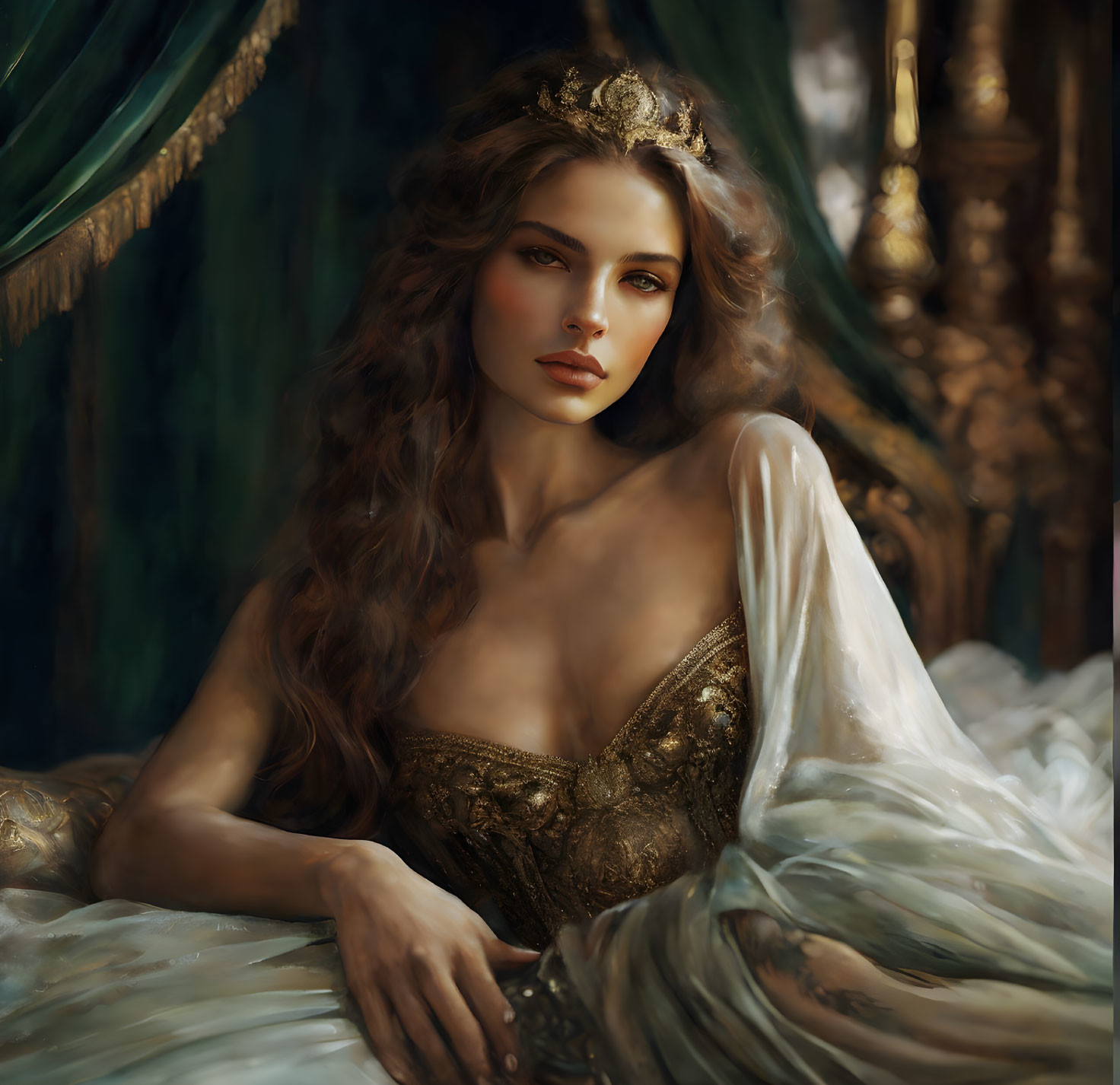 Regal woman with gold crown in ornate dress and luxurious setting