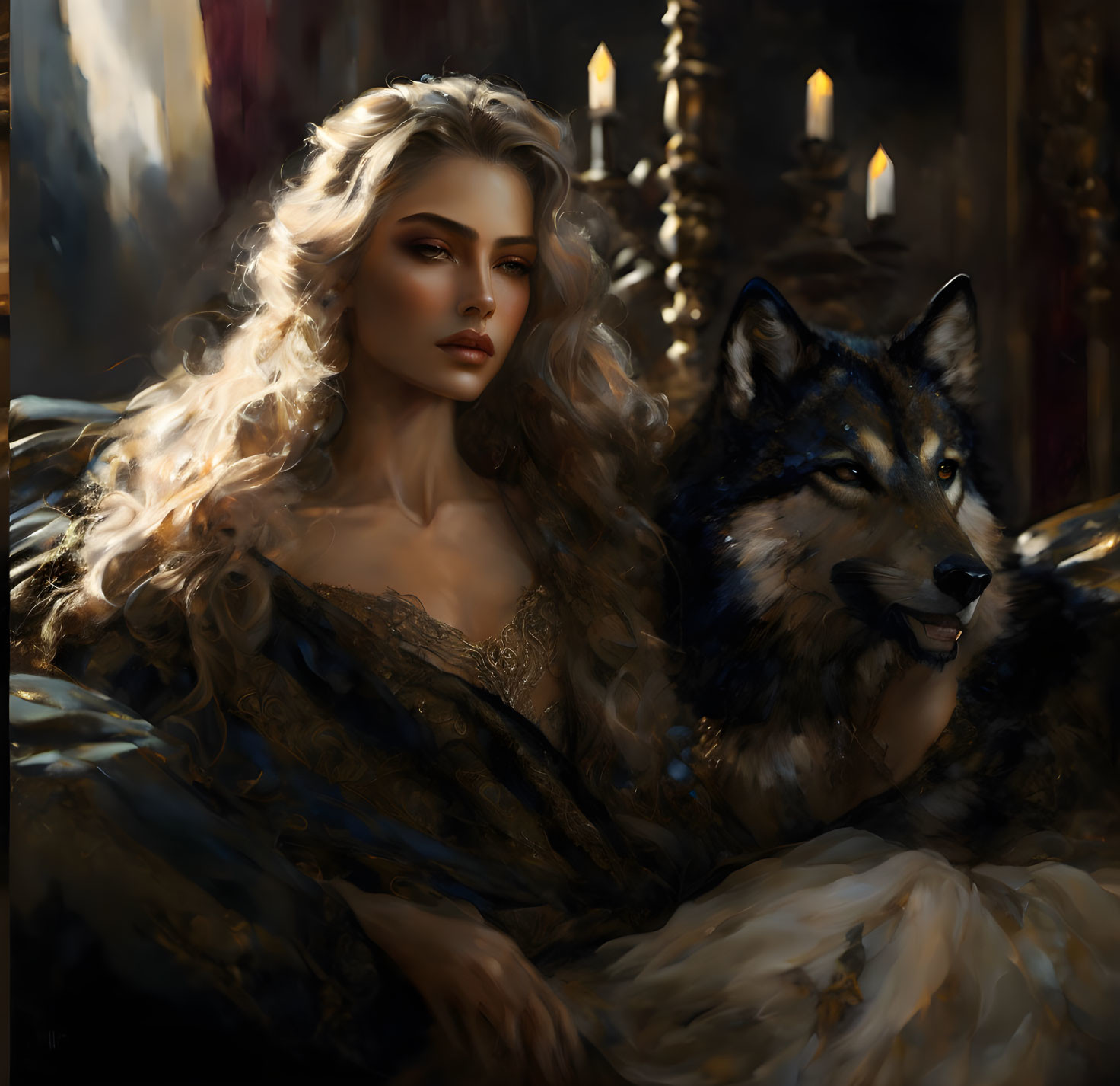 Blonde woman in golden attire with majestic wolf in opulent chamber