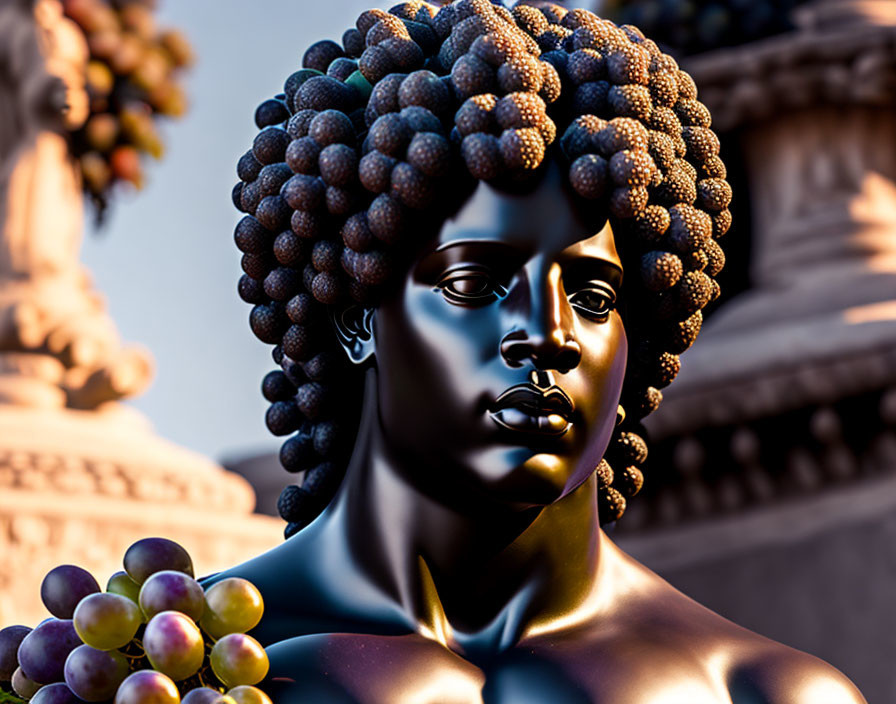 Sculpture of person with grape-like hair ornaments and grapes in ornate backdrop