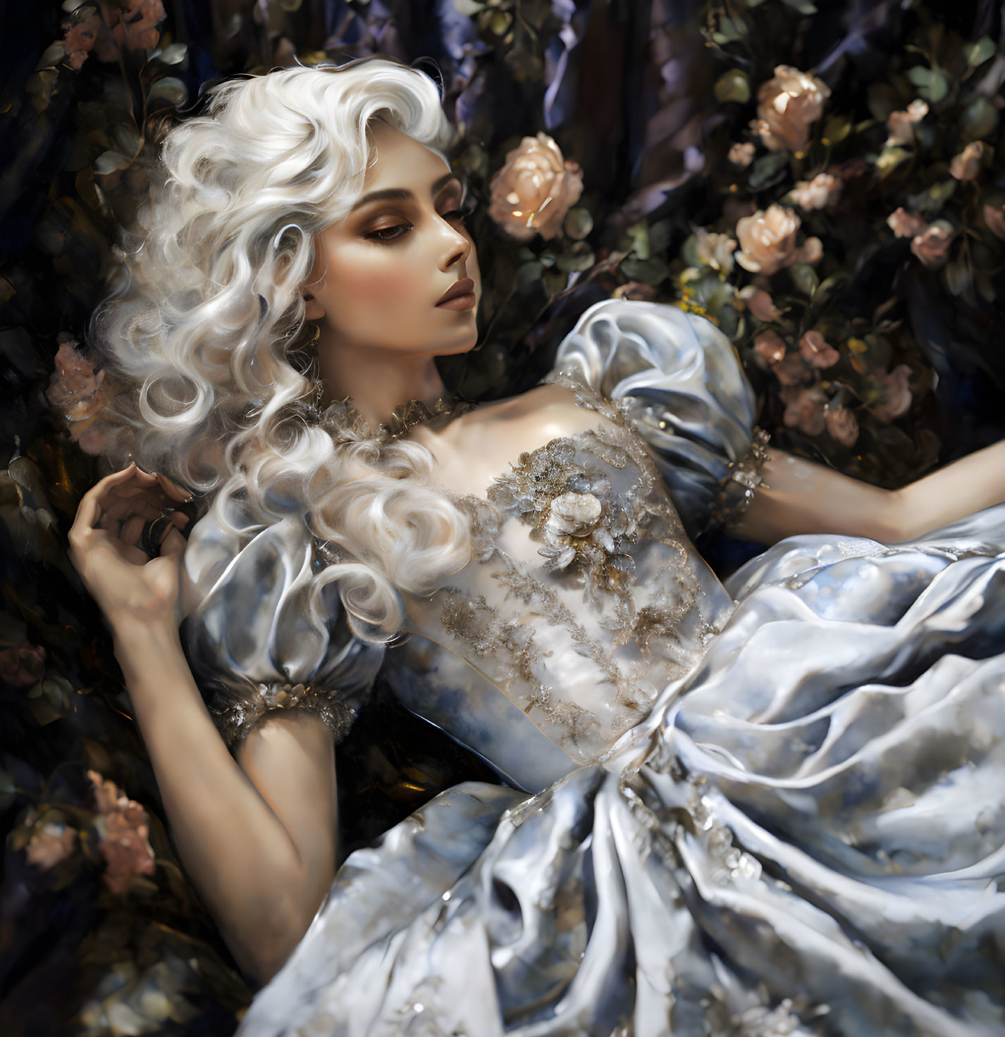 Curly white hair woman in blue and gold gown surrounded by greenery and roses