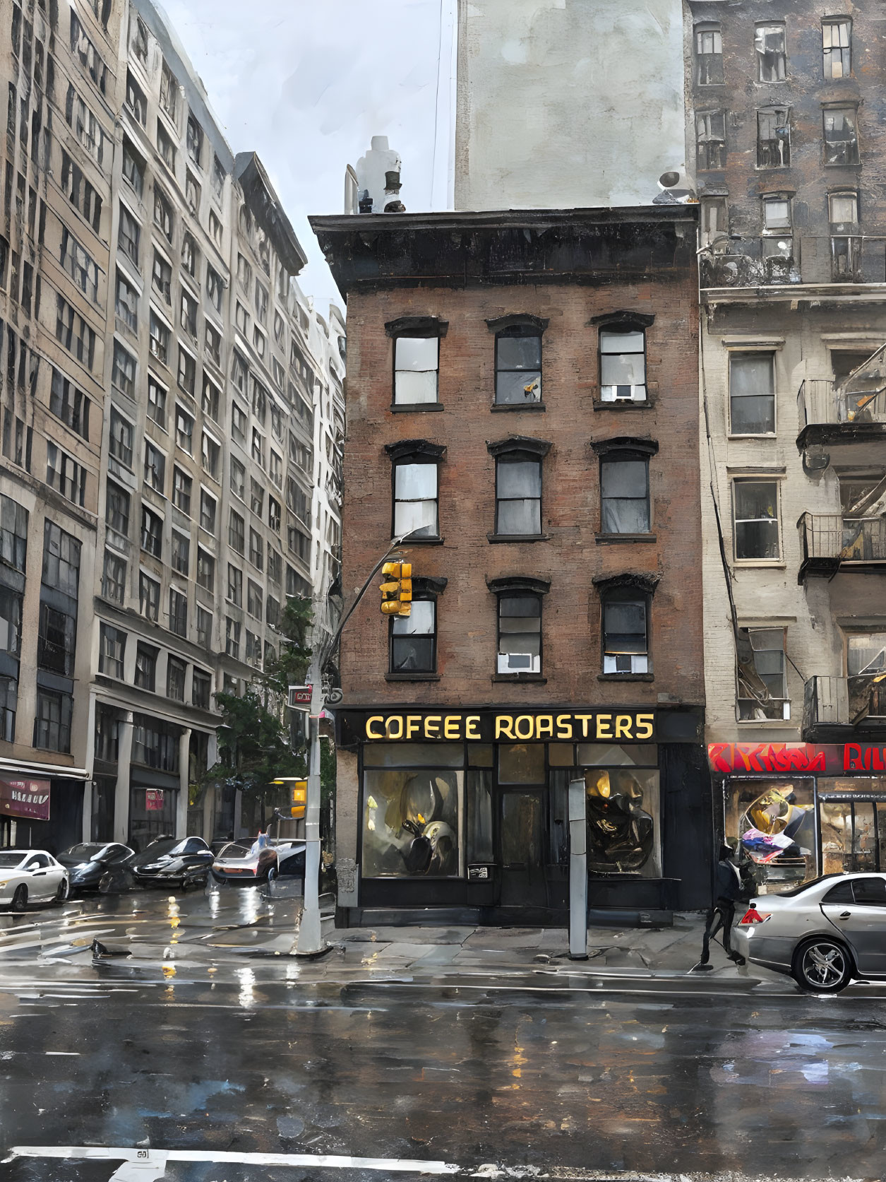 Four-story building with coffee roaster shop on wet street surrounded by tall buildings, overcast weather,