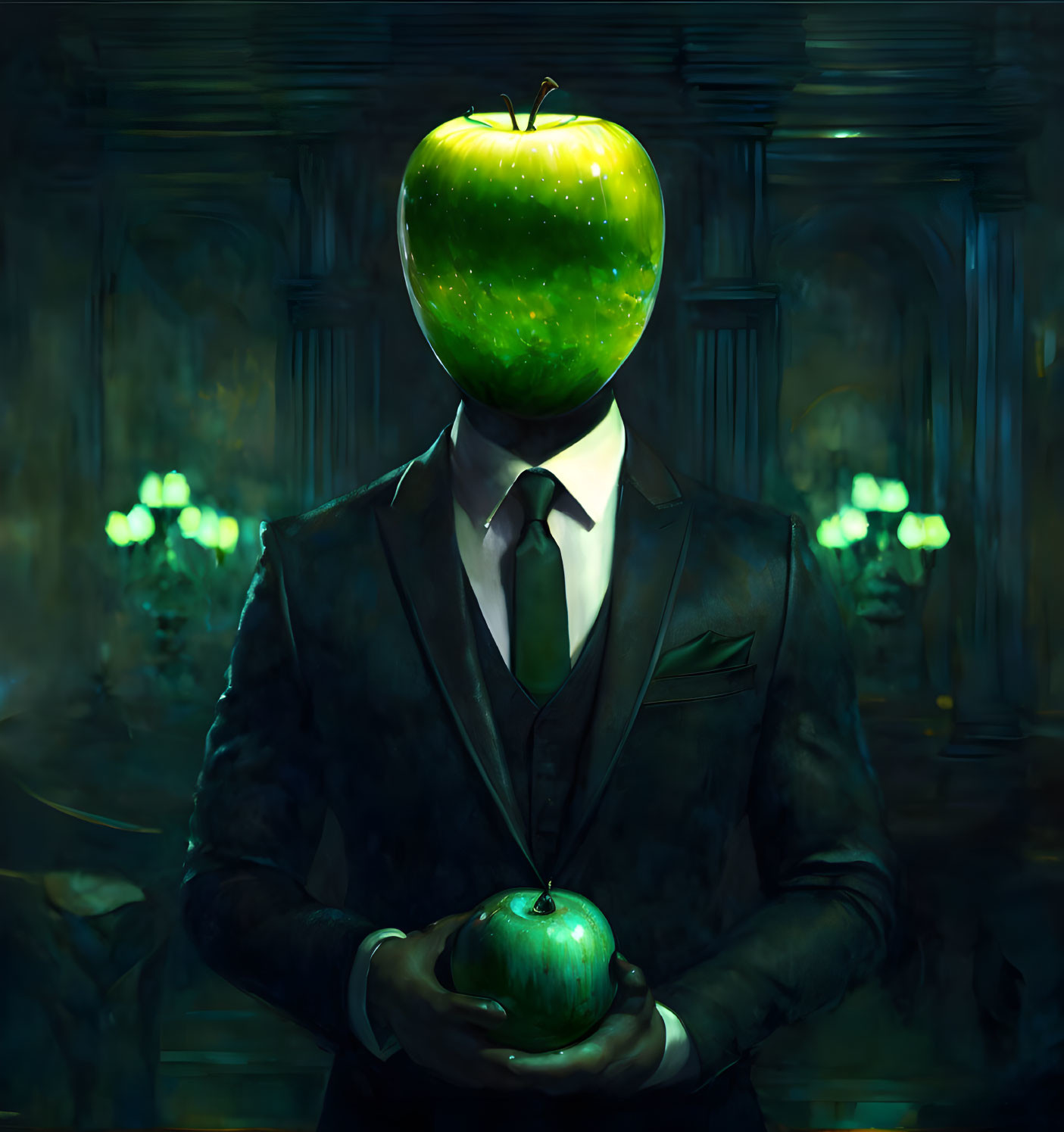 Surreal artwork: Suit figure with green apple head in dimly lit room