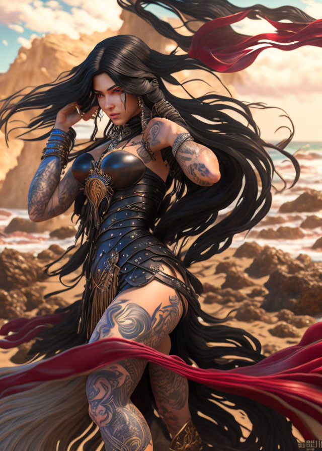 Tattooed warrior woman in dark armor on beach