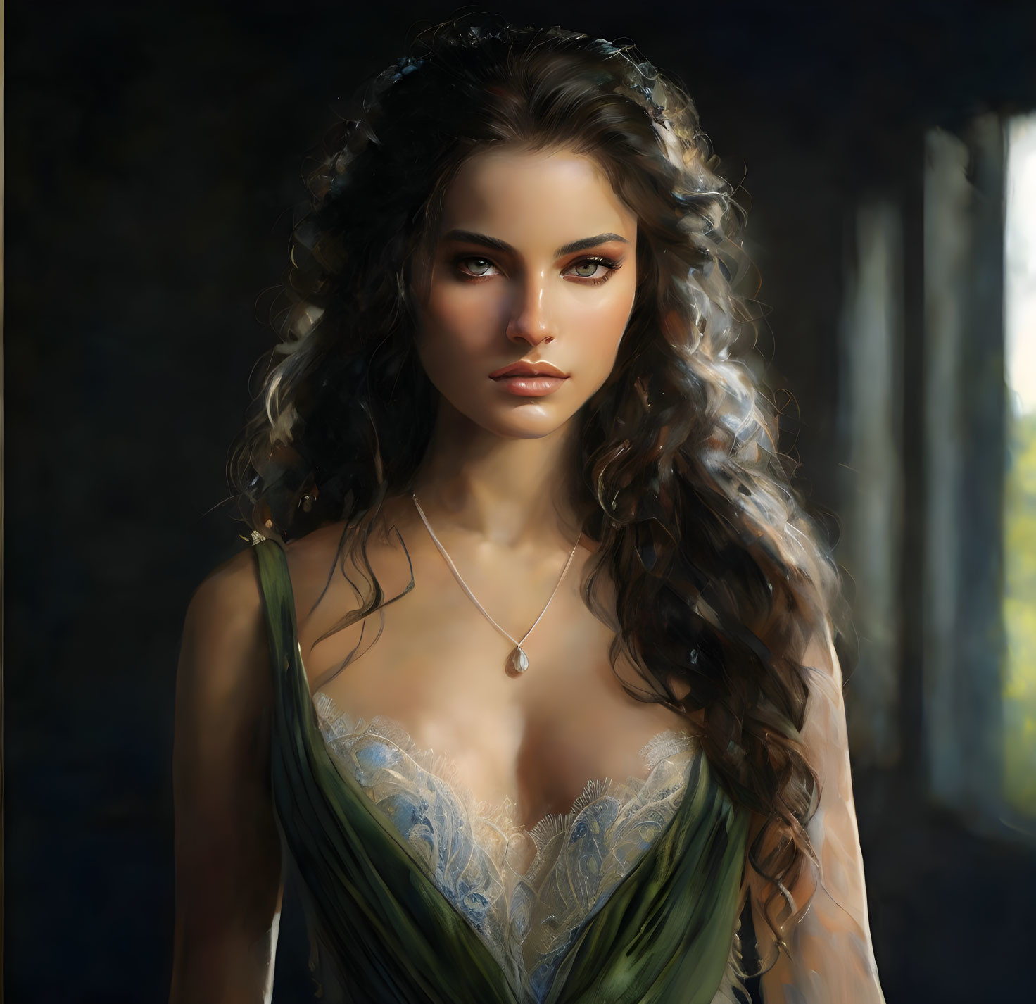 Portrait of a woman with wavy hair and intense eyes in a green dress