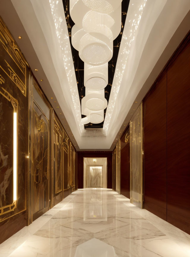 Luxurious Hallway with Marble Floors, Wood Paneling, Gold Details, and Modern Chandeliers