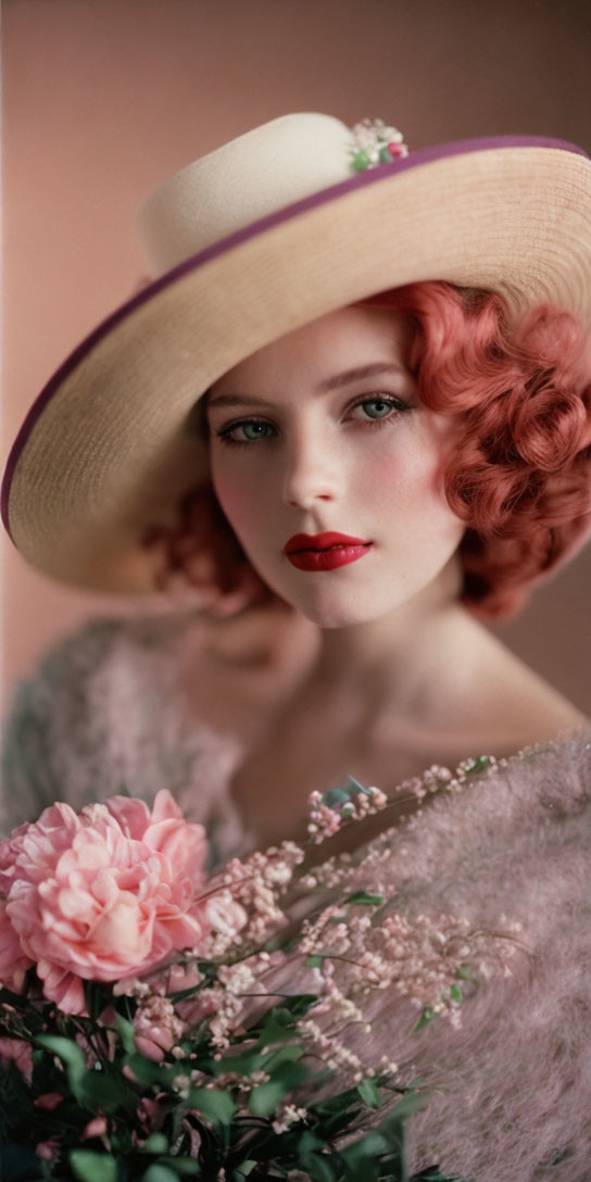 Curly Red-Haired Woman in Floral Hat and Pink Outfit Poses Gracefully