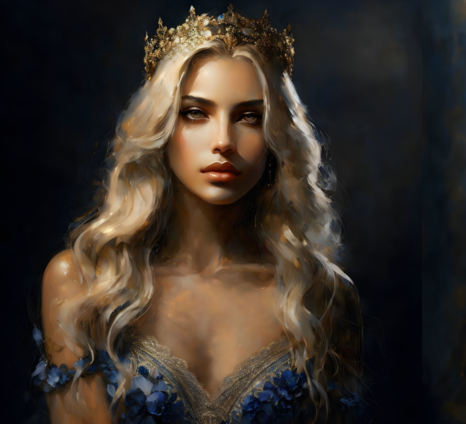 Regal woman with blonde hair and golden crown in dark setting