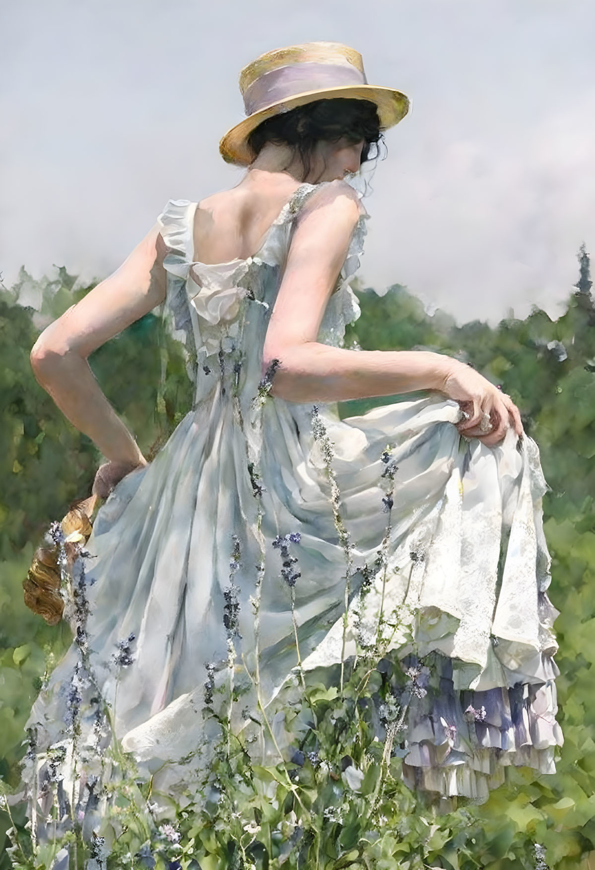 Woman in vintage dress and hat in a field of tall flowers under sunny sky