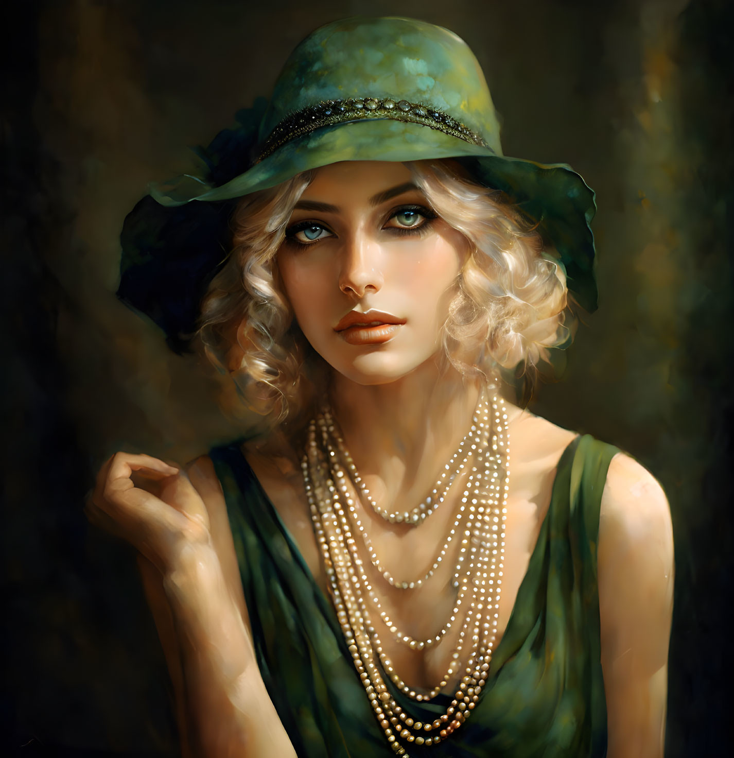 Stylized portrait of woman with blonde hair and green attire against dark backdrop