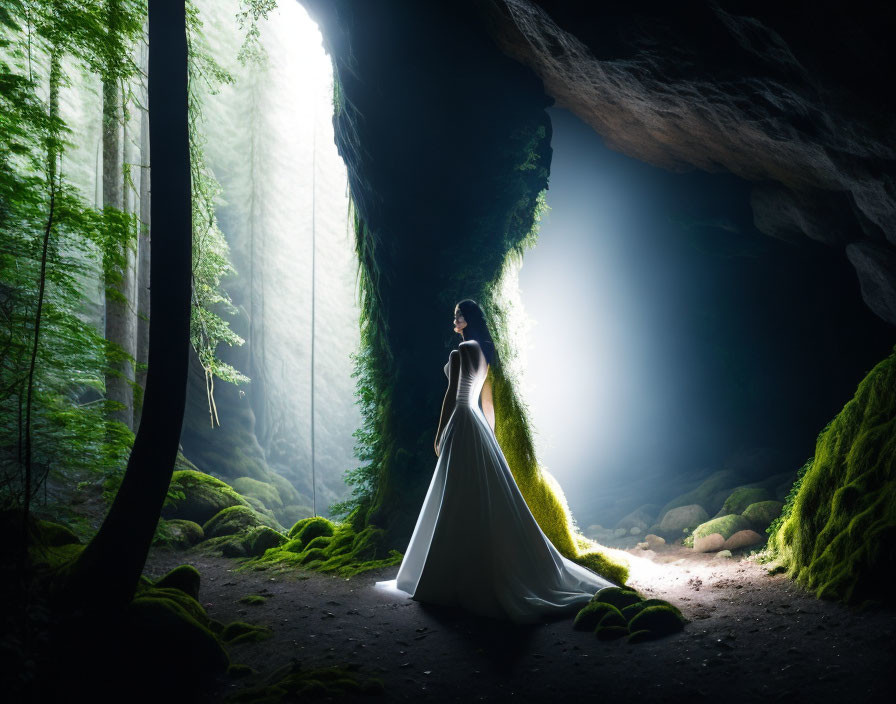 Person in white cloak gazes at misty forest from cave entrance