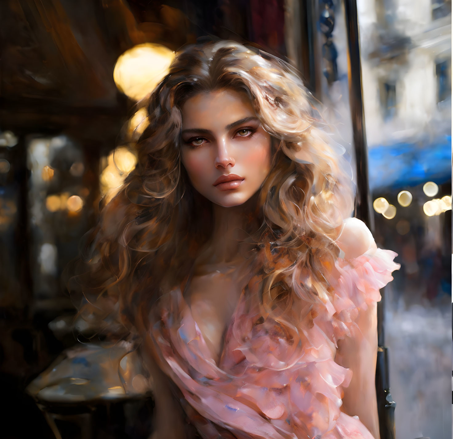 Woman with Voluminous Curly Hair in Pink Garment on Cityscape Background