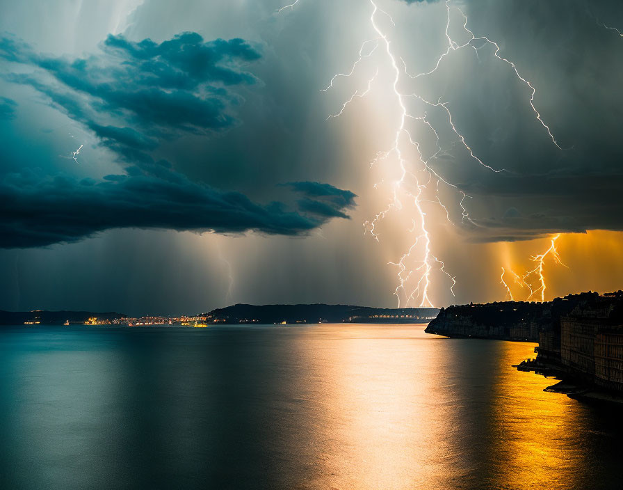 Intense lightning storm over water at night