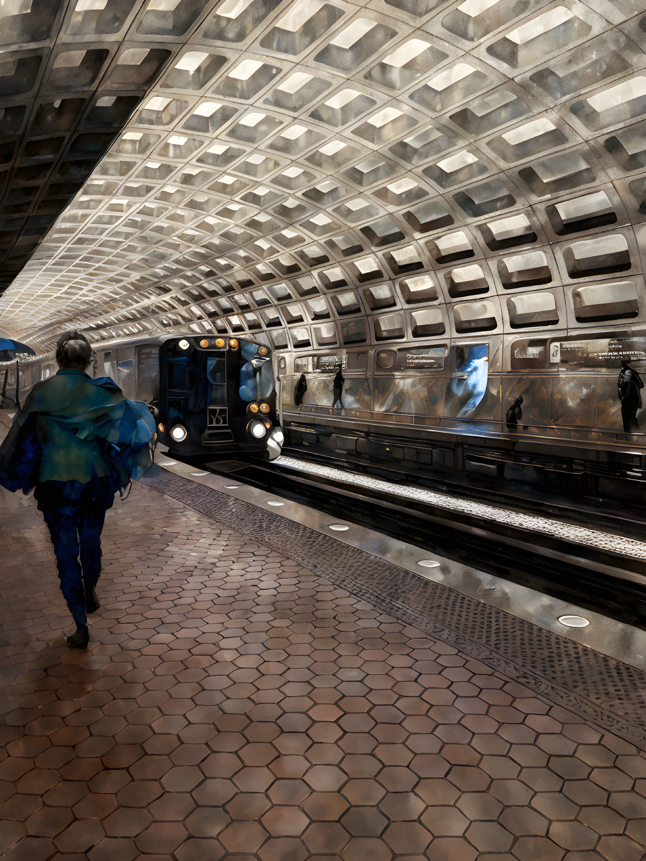 Person walking towards arriving train in dimly lit underground station