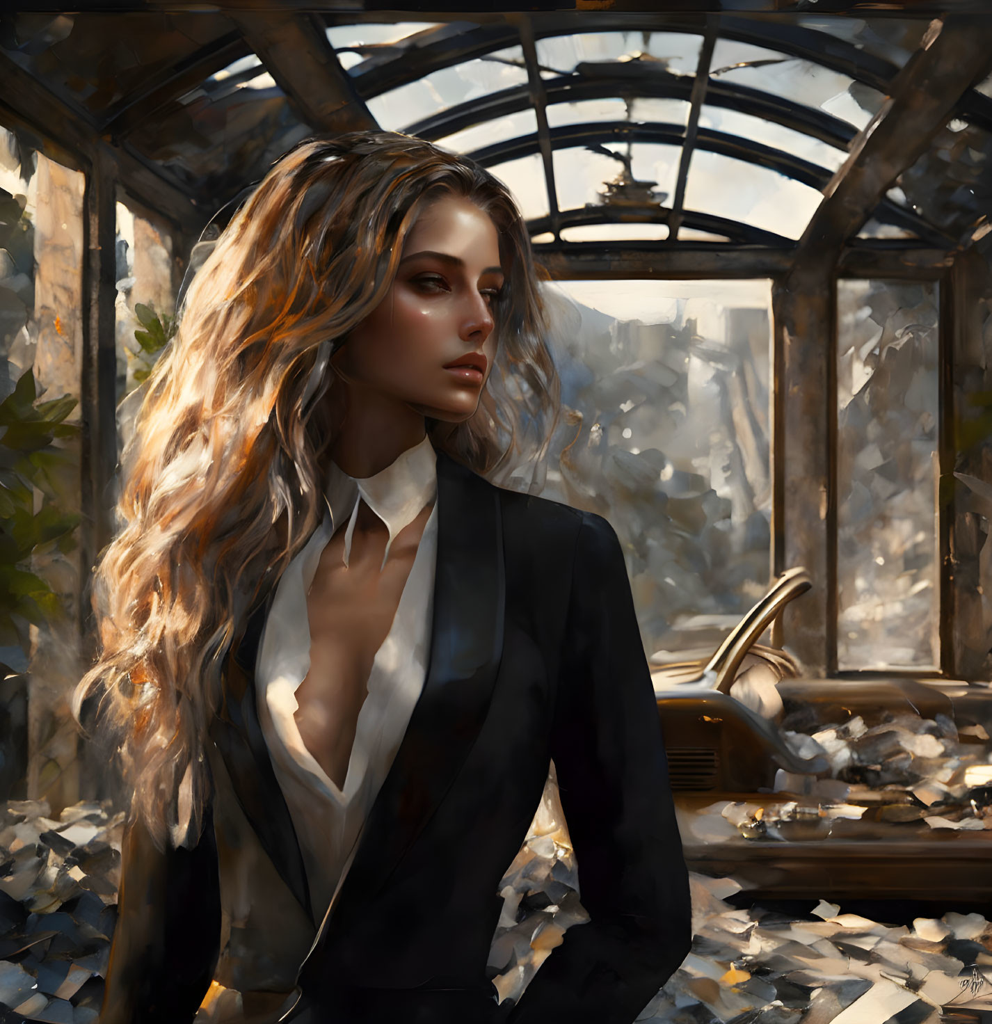 Blonde woman in black blazer in sunlit ivy greenhouse