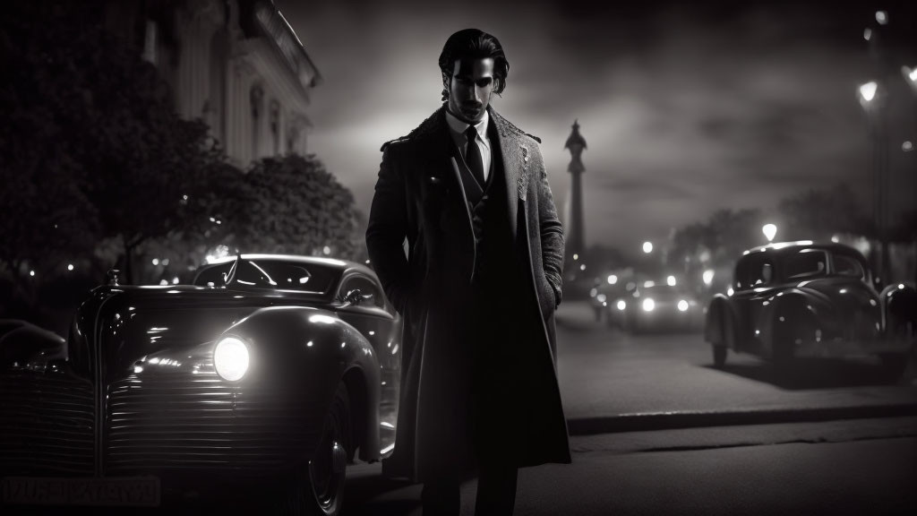 Confident Man in Trench Coat on Vintage Car-Lined Street at Night