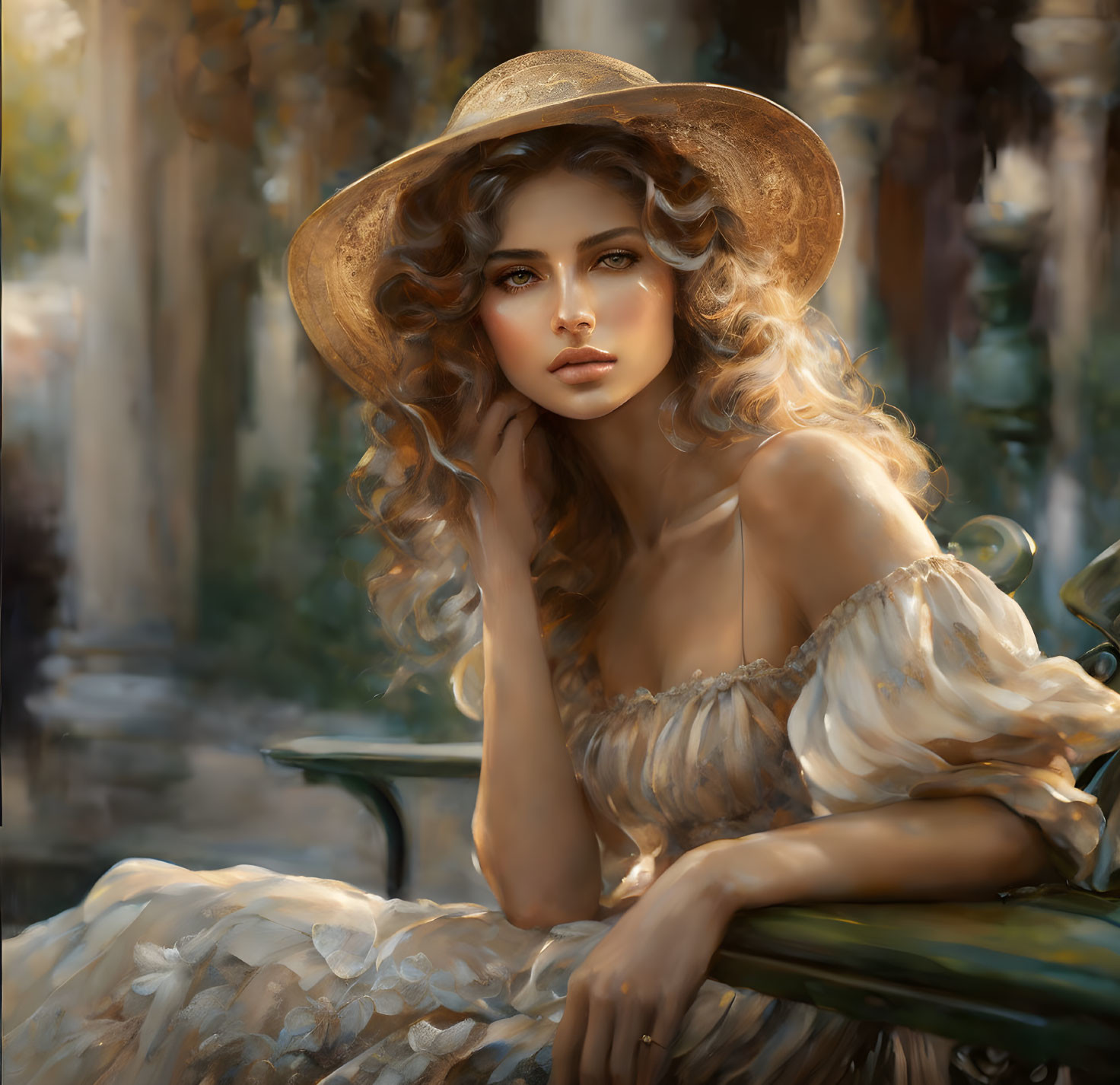 Curly-haired woman in wide-brimmed hat and off-shoulder dress sitting in lush,