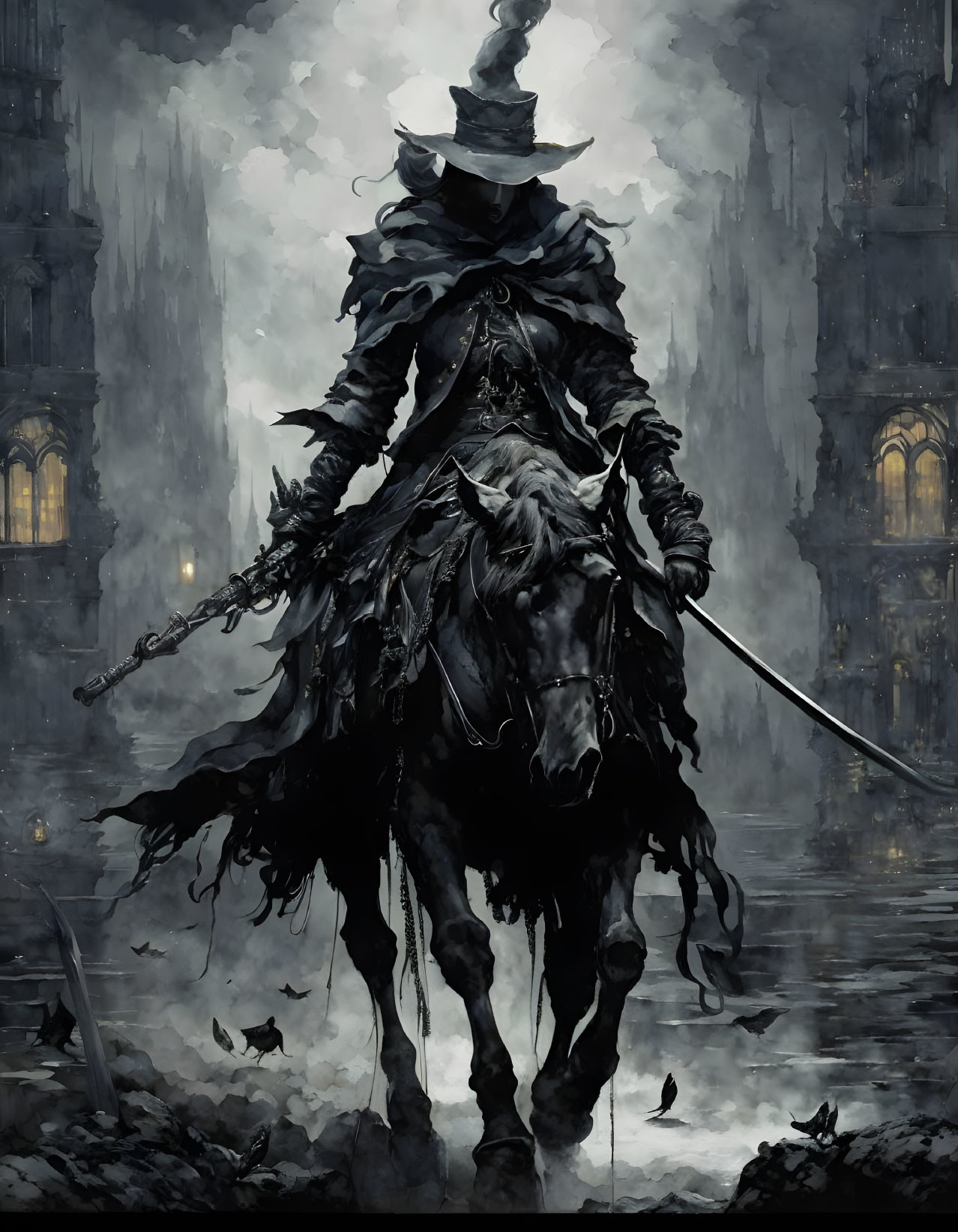 Dark-armored figure on horseback with spear in misty gothic landscape.