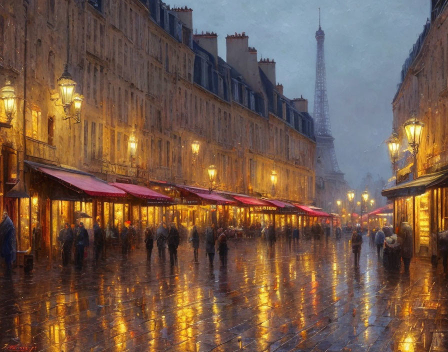 Rainy Parisian Street at Dusk with Glowing Streetlights