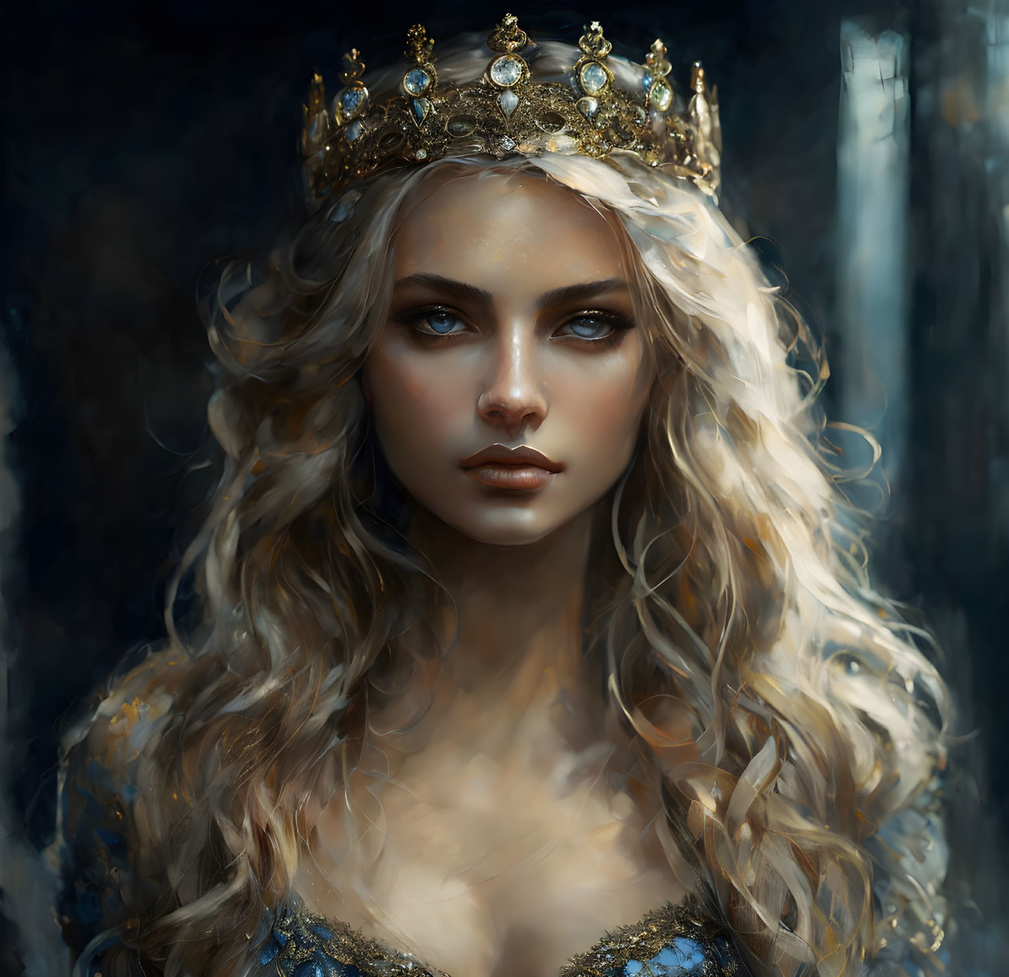 Regal woman with blonde hair, gold crown, and blue gemstones