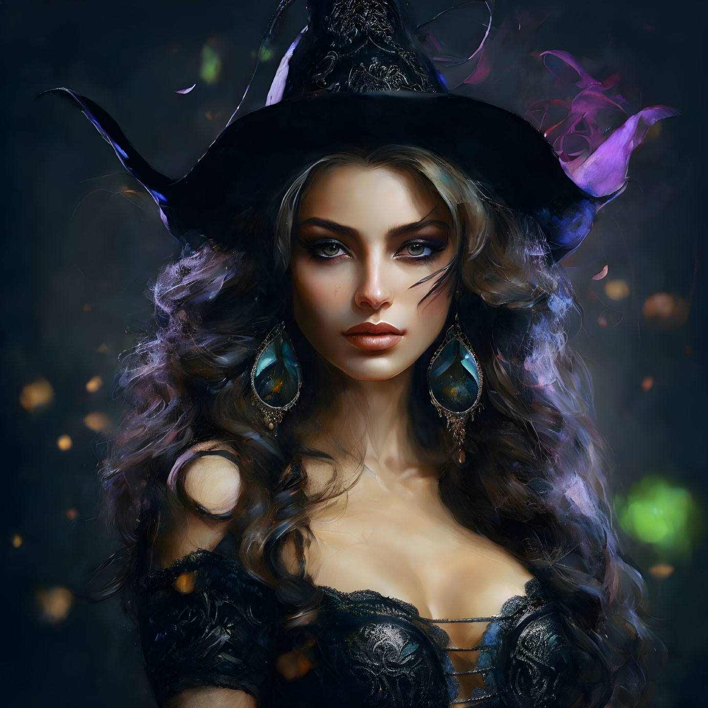 Fantasy witch digital artwork with piercing eyes and magical flames