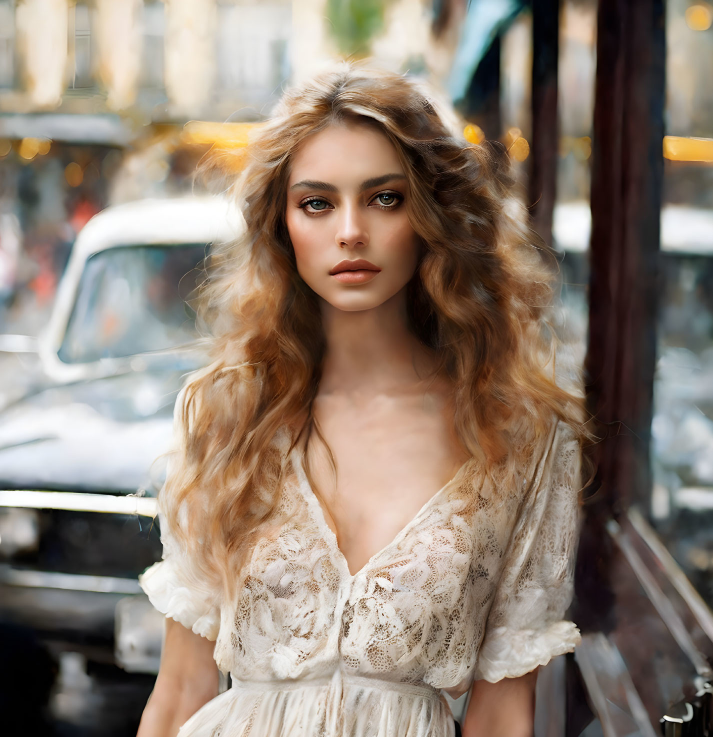 Voluminous wavy hair woman in lace dress in urban setting