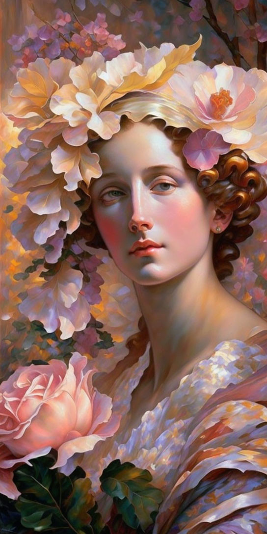 Portrait of young woman with rosy cheeks and curly brown hair adorned with flowers