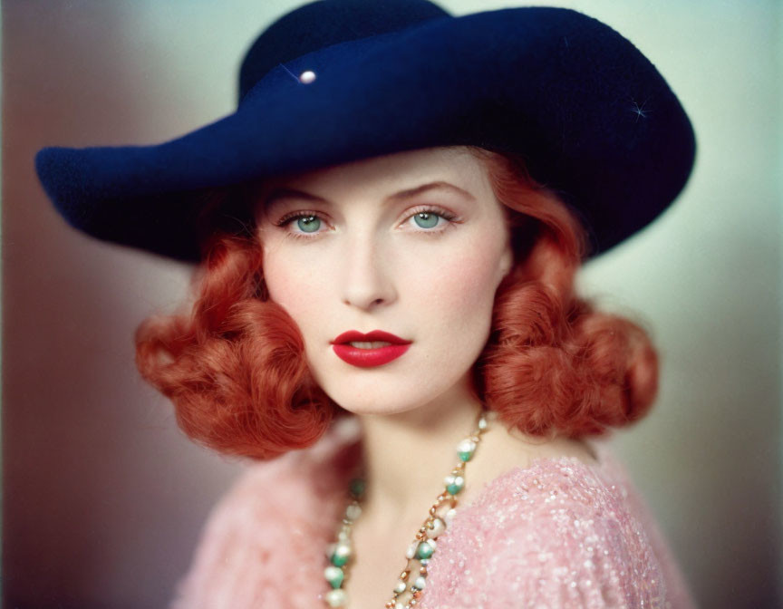 Portrait of a Woman with Red Hair, Blue Hat, Pink Outfit, and Pearl Necklace