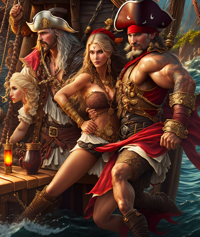 Detailed Illustration of Three Pirates in Elaborate Costumes at Sea