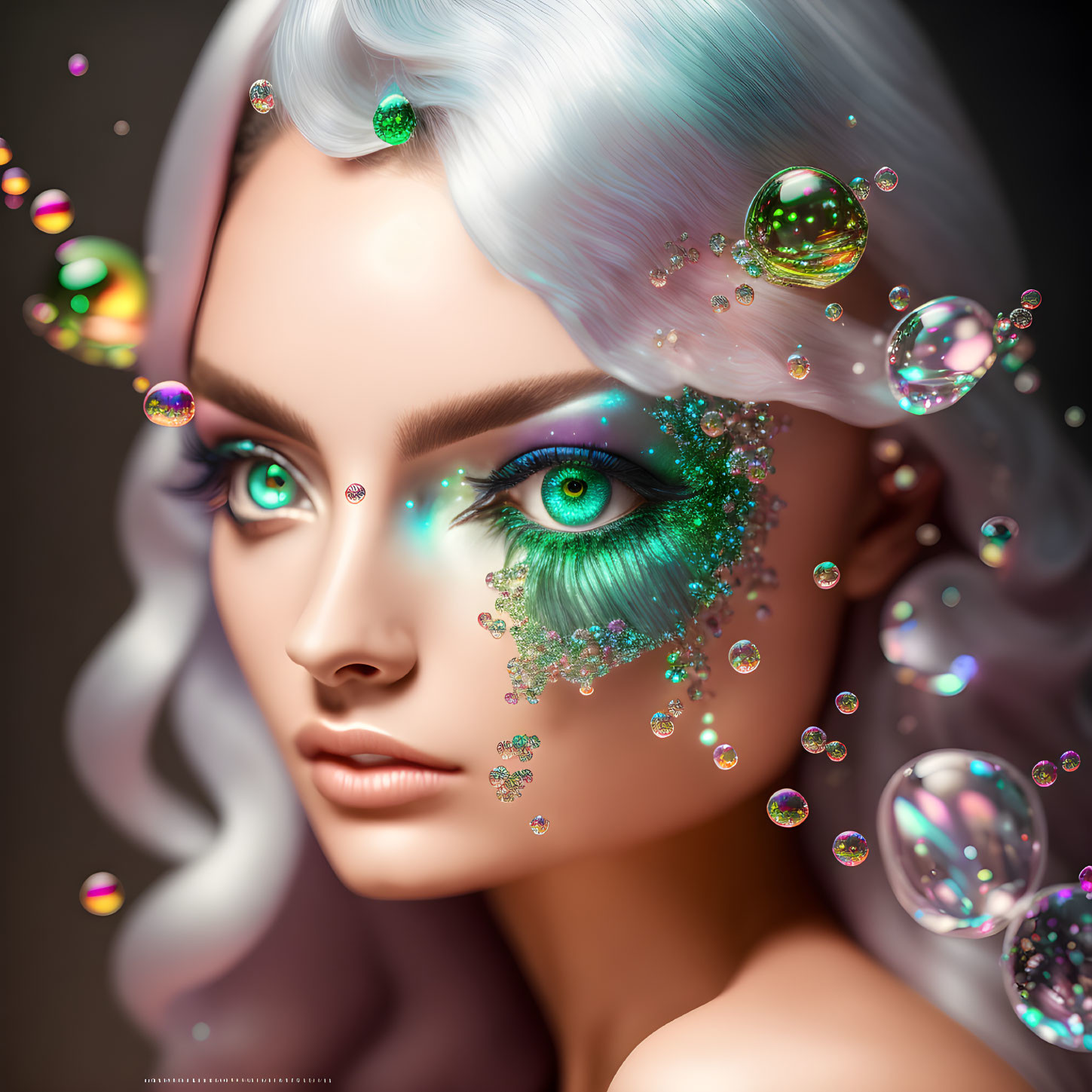 Digital artwork featuring woman with striking green eyes and iridescent bubbles