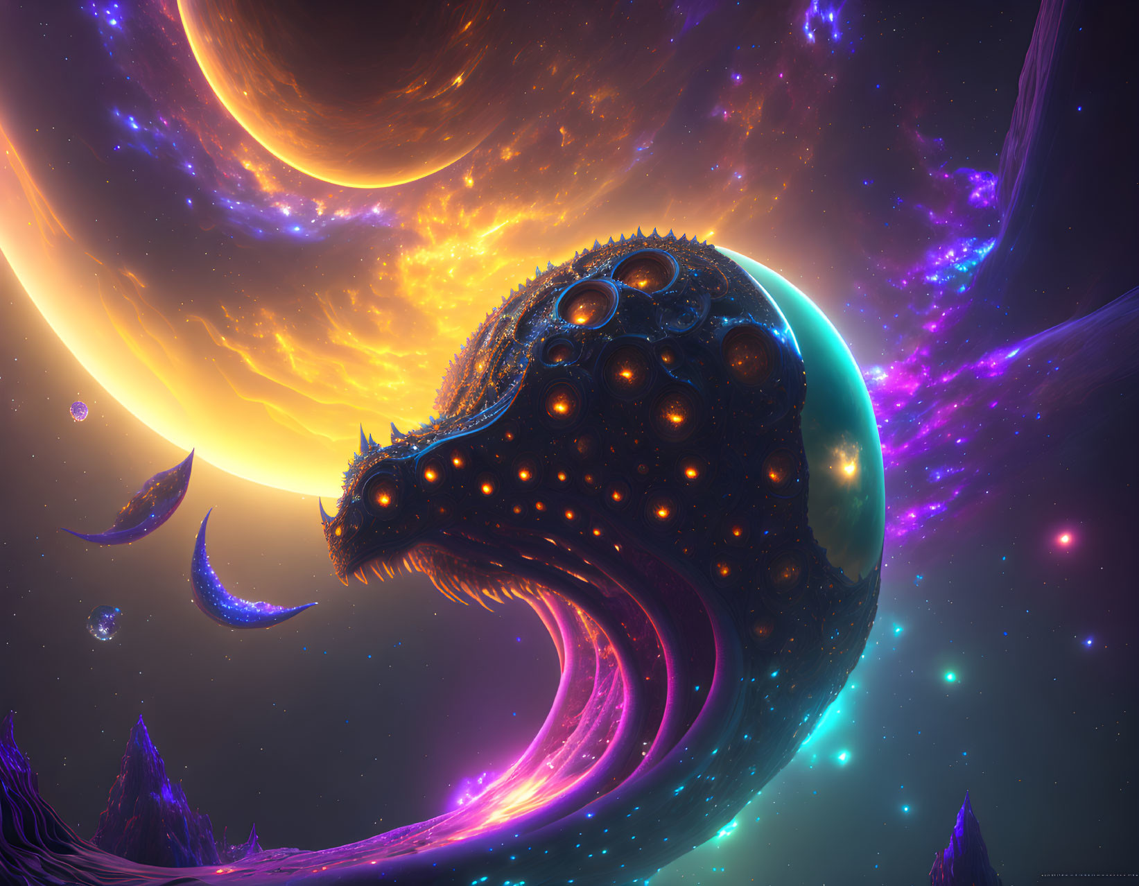 Colorful cosmic scene with serpent-like creature, planets, stars, and nebulae.